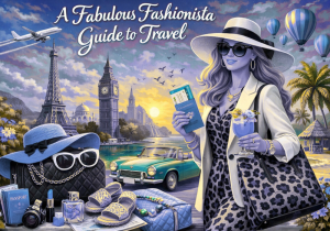 Stylish fashionista traveler wearing chic outfit and sunglasses while exploring a city destination with a suitcase.